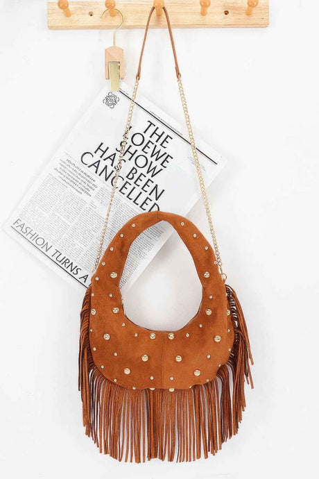 Faux Suede Metal Studded Fringe Hobo Bag