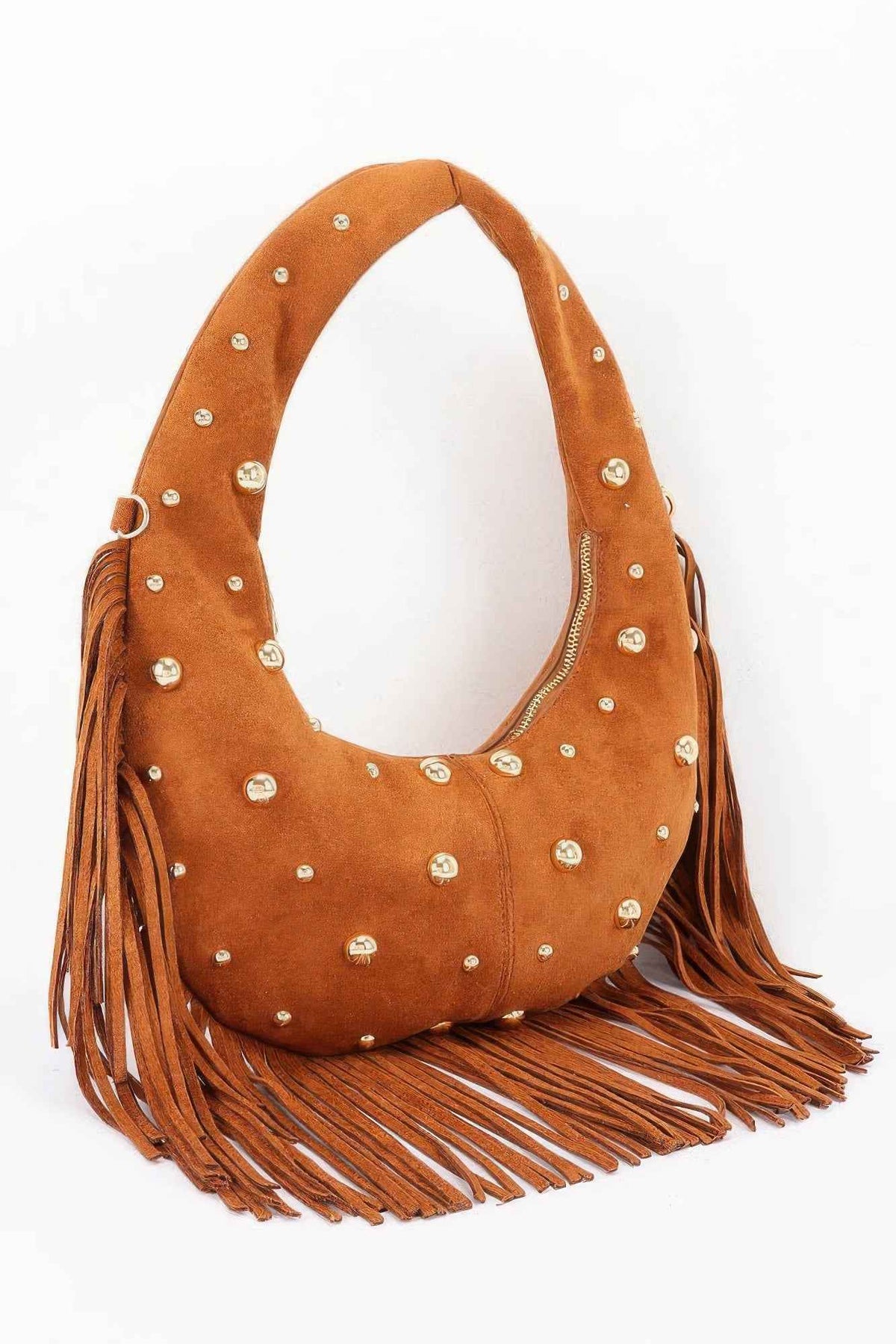 Faux Suede Metal Studded Fringe Hobo Bag