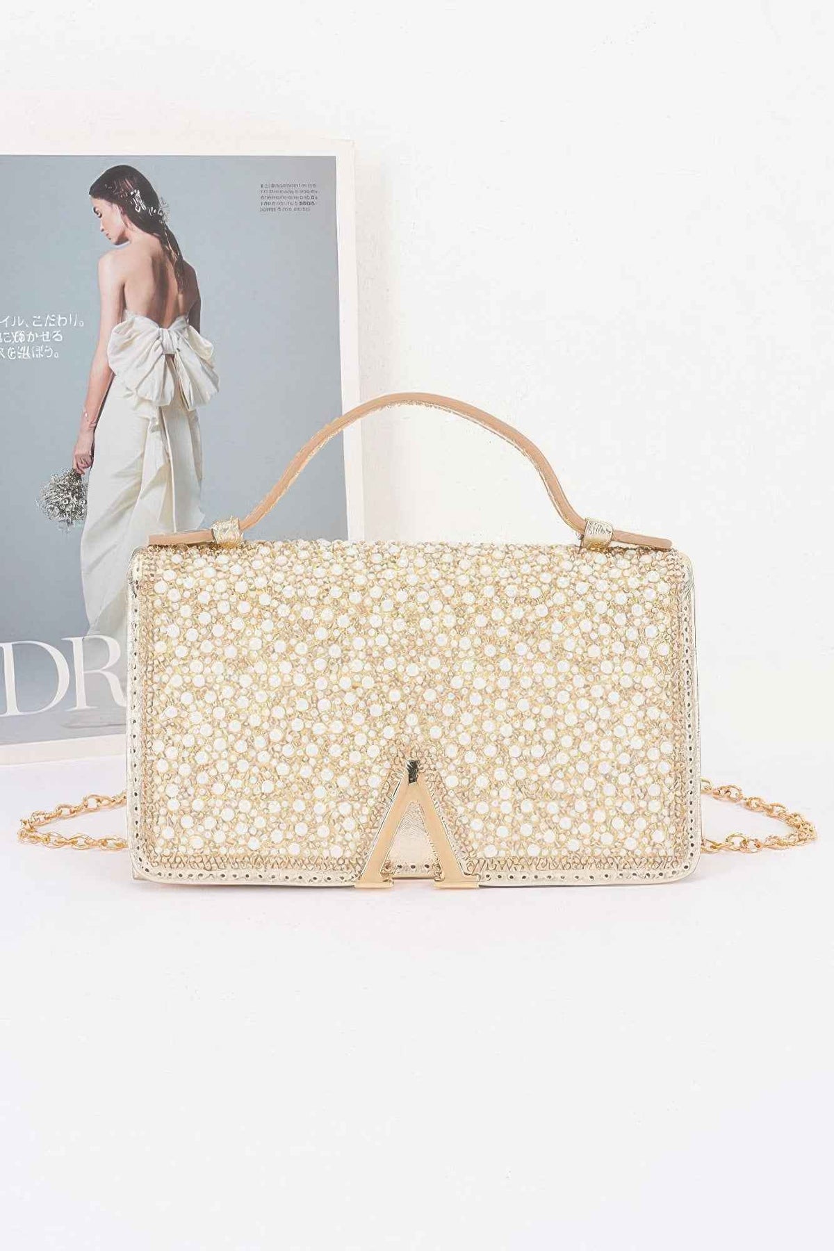 Rhinestone And Pearl Flap Clutch