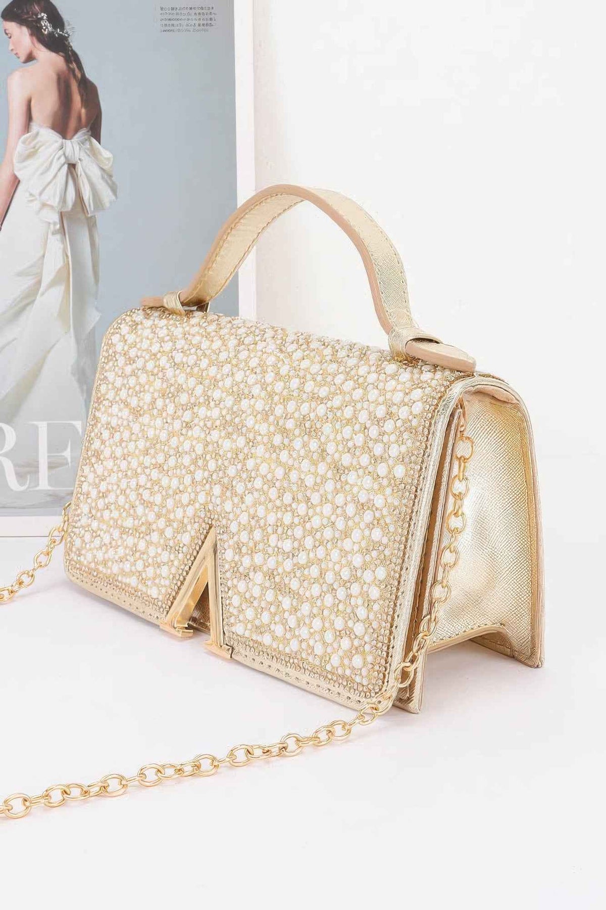 Rhinestone And Pearl Flap Clutch