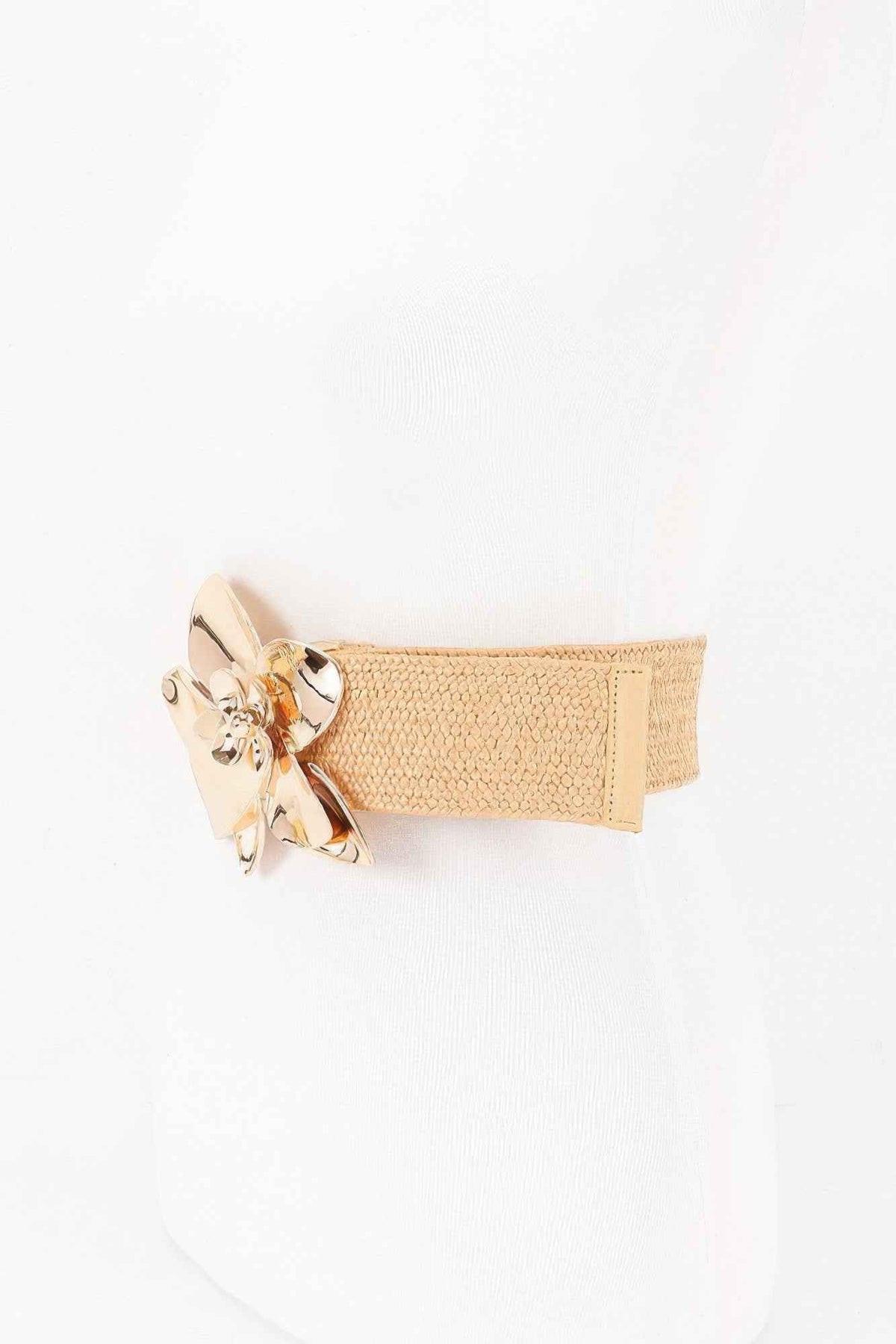 Faux Straw Big Flower Metal Buckle Elastic Belt
