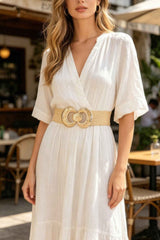 Faux Straw Big Metal Buckle Elastic Belt