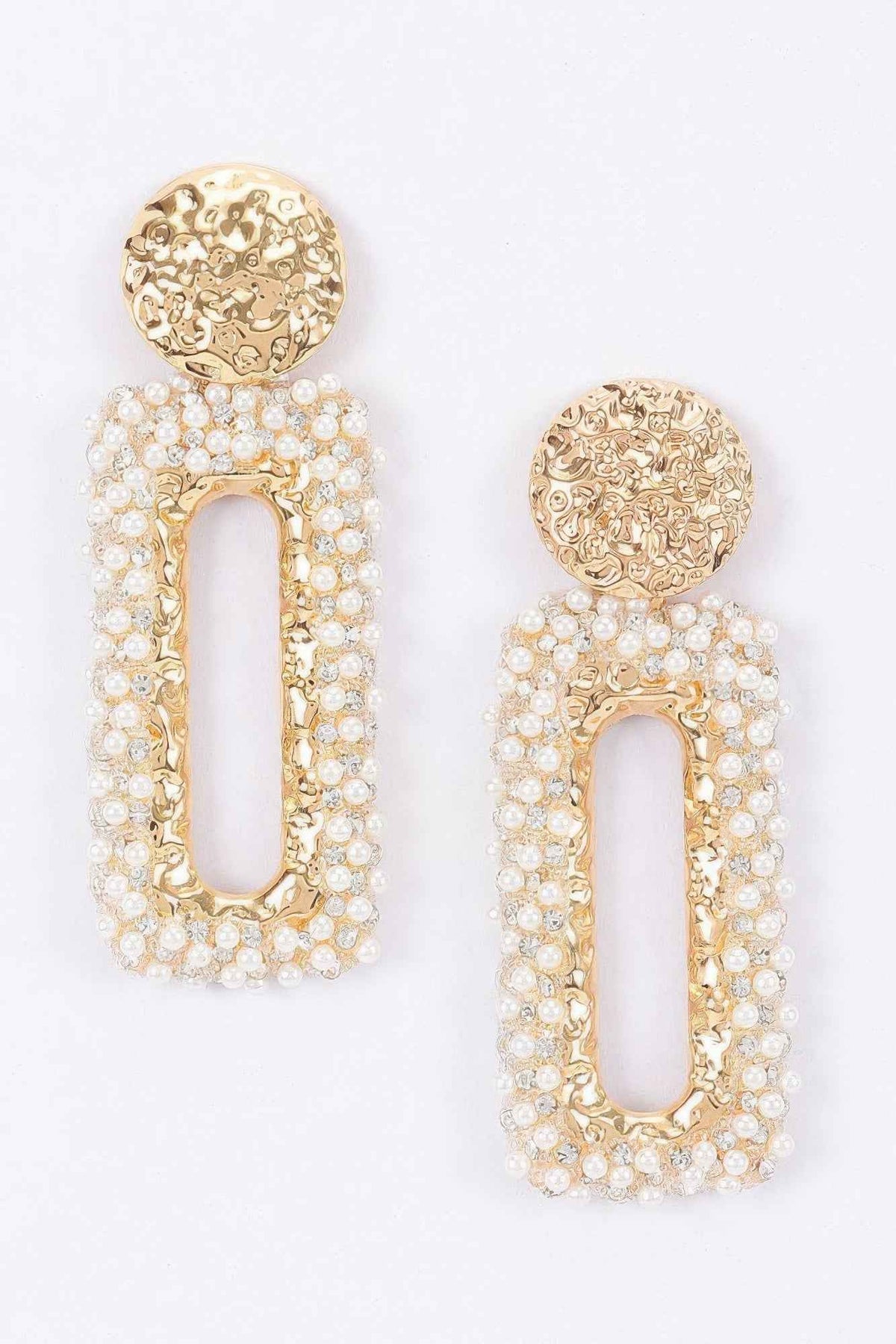 Textured Gold Disc And Pearl-encrusted Rectangular Drop Earr
