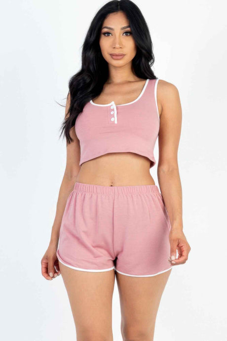 Casual French Terry Sleeveless Button Front Contrast Trim Cropped Tank Top And Shorts Set