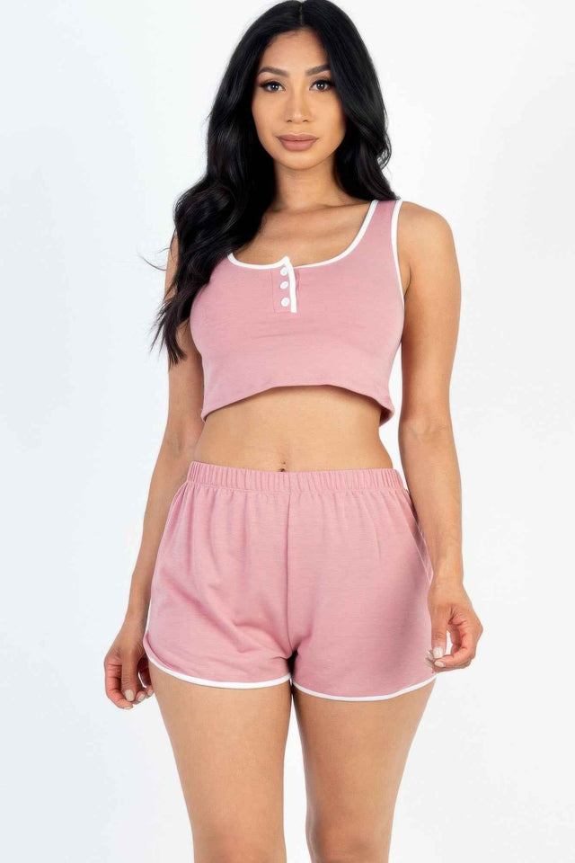 Casual French Terry Sleeveless Button Front Contrast Trim Cropped Tank Top And Shorts Set