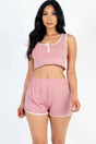 Casual French Terry Sleeveless Button Front Contrast Trim Cropped Tank Top And Shorts Set
