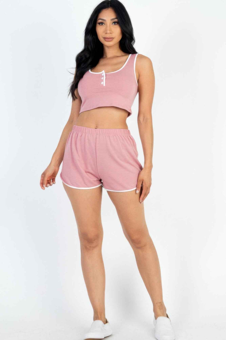 Casual French Terry Sleeveless Button Front Contrast Trim Cropped Tank Top And Shorts Set