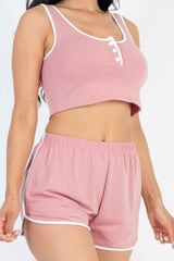 Casual French Terry Sleeveless Button Front Contrast Trim Cropped Tank Top And Shorts Set