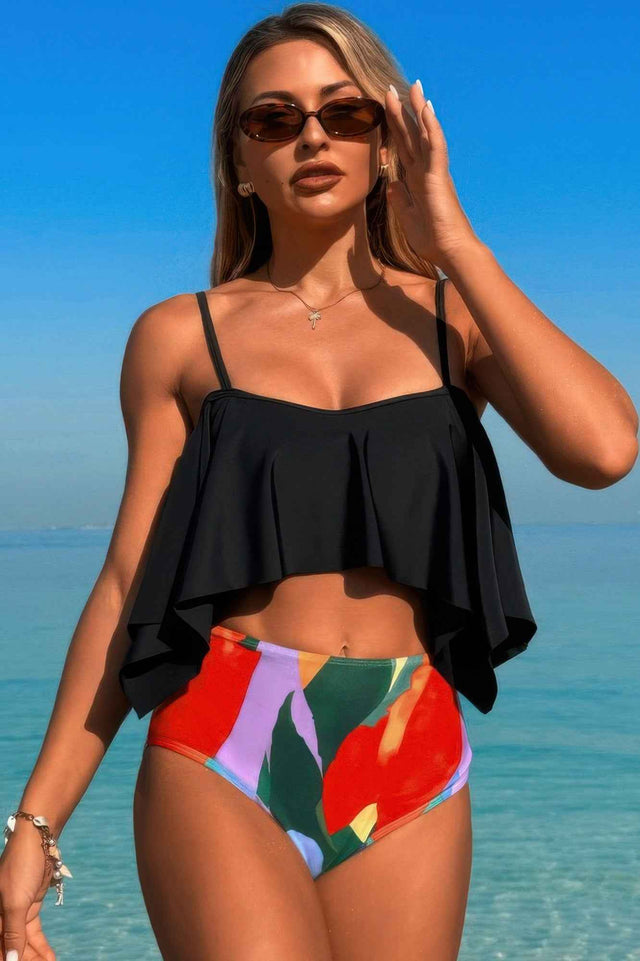 Ruffle Top High Waisted Bottom Tankini Swimsuit