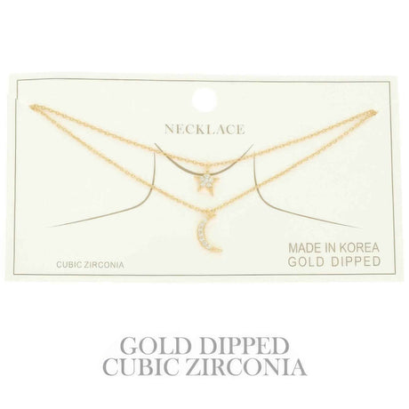 Cz Gold Plated Moon And Star Pendant Necklace