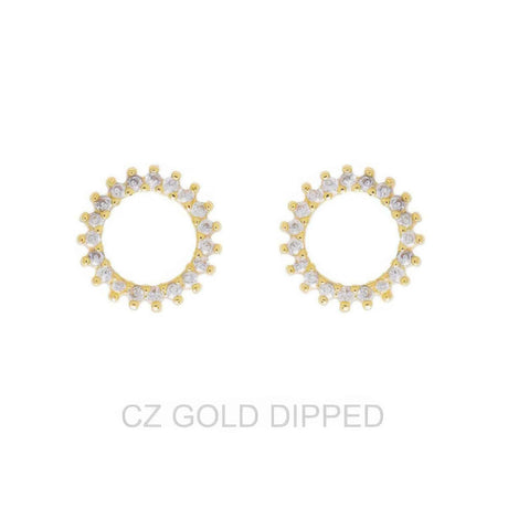 Gold Dipped Cz Sunburst Open Circle Stud Earrings