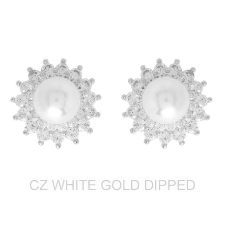 Gold Dipped Cz Pearl Sunburst Halo Drop Earrings