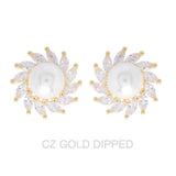 Gold Dipped Cz Pearl Spiral Halo Drop Earrings
