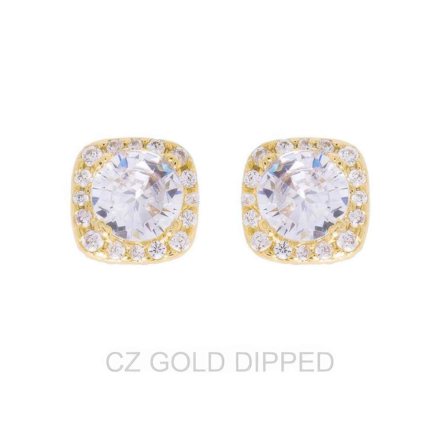 Gold Dipped Cz Square Halo Stud Earrings