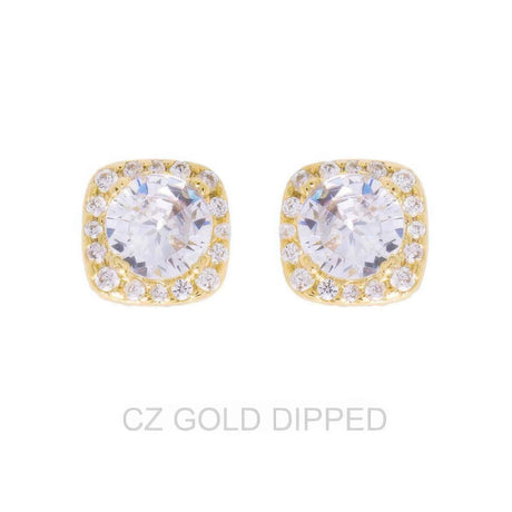 Gold Dipped Cz Square Halo Stud Earrings