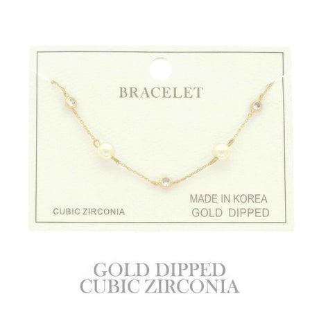 Gold Plated Pearl Cz Station Bracelet