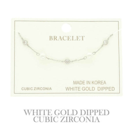 Gold Plated Pearl Cz Station Bracelet