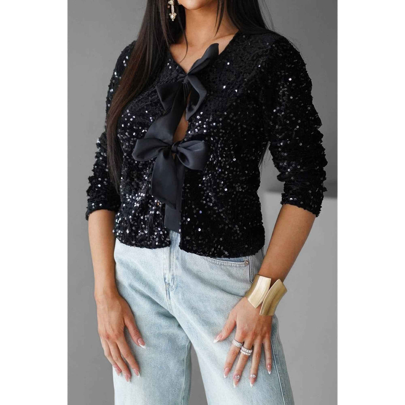 V Neck Sparkly Bolero Cropped Tie Front Jacket