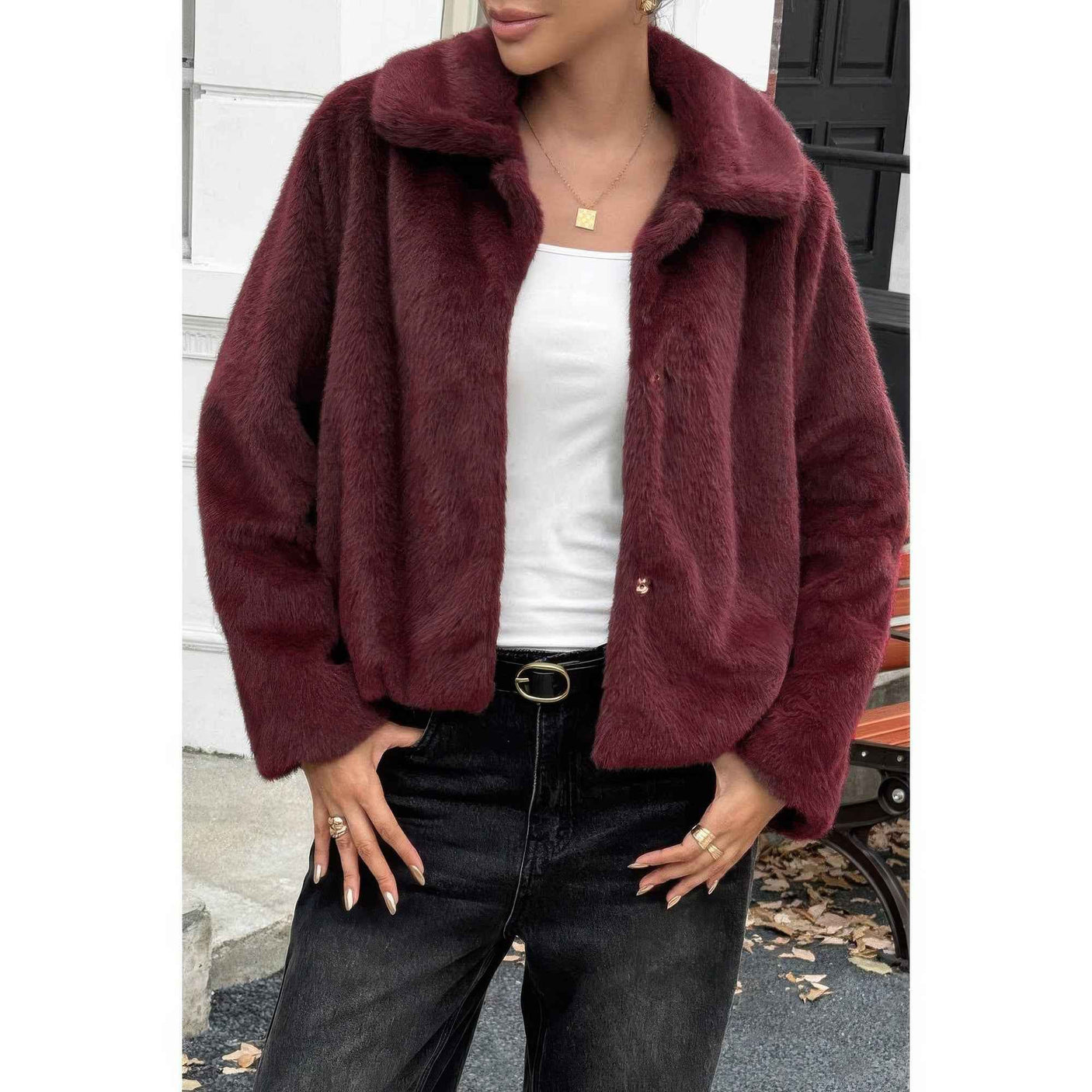 Solid Button Faux Fur Crop Jacket