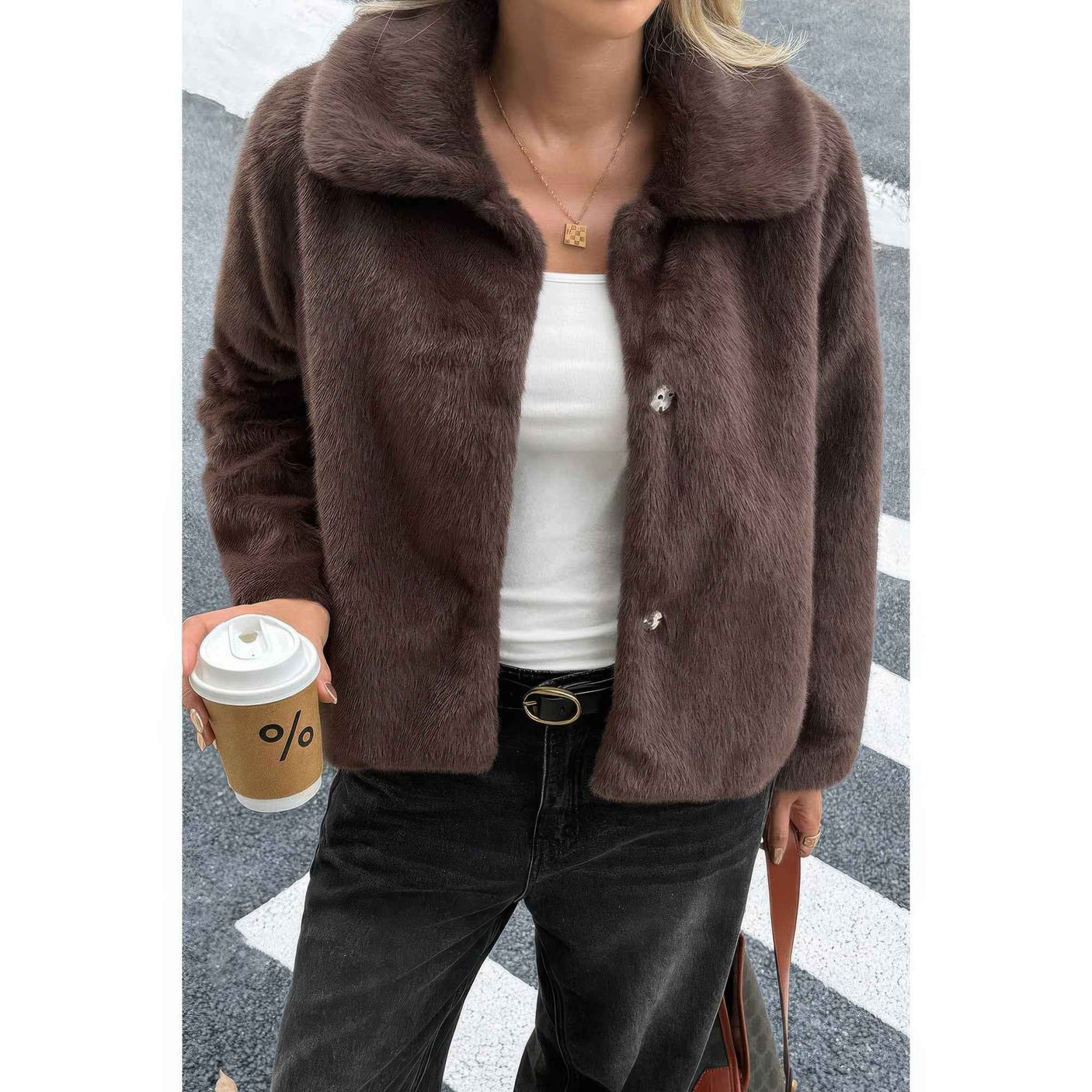 Solid Button Faux Fur Crop Jacket