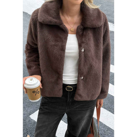 Solid Button Faux Fur Crop Jacket