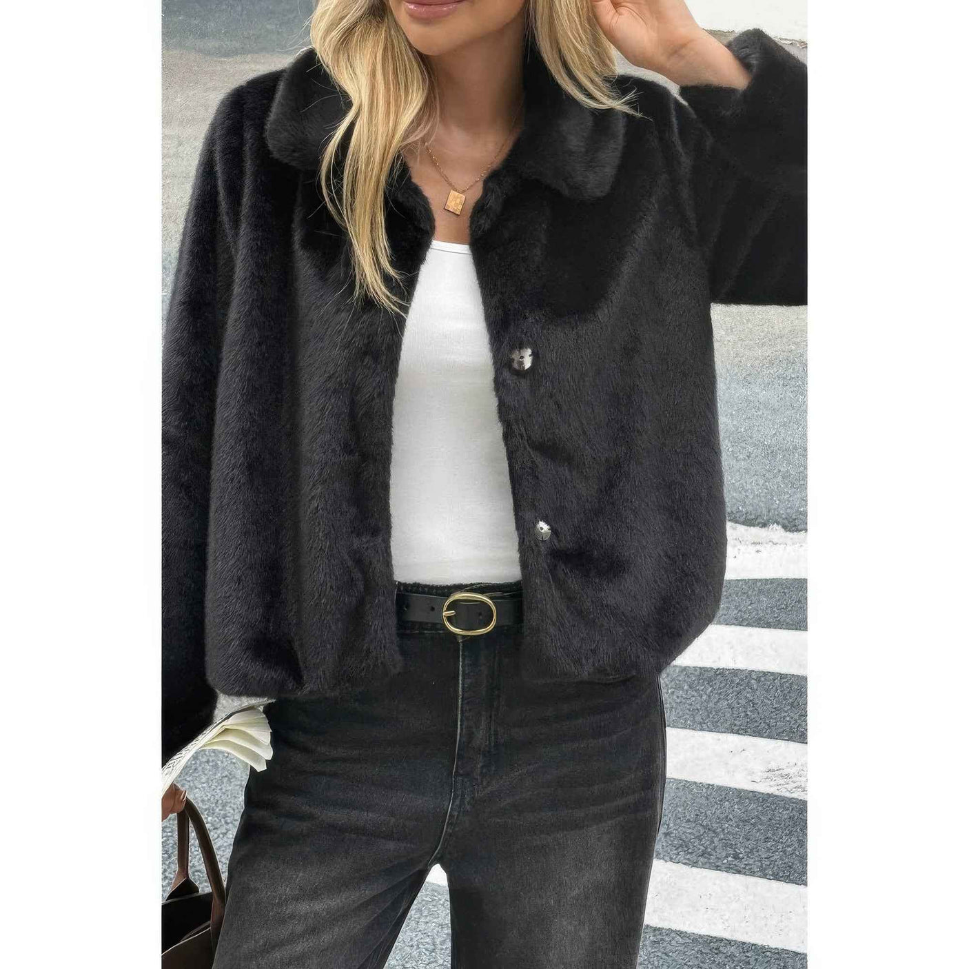 Solid Button Faux Fur Crop Jacket