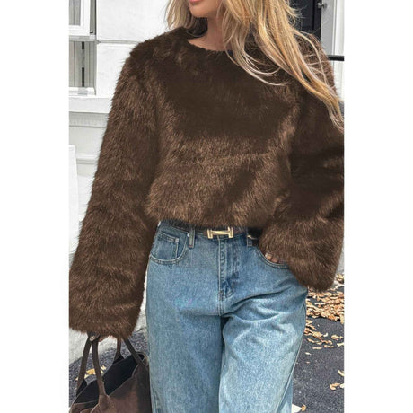 Solid Faux Fur Back Hide Zipper Pullover Coat