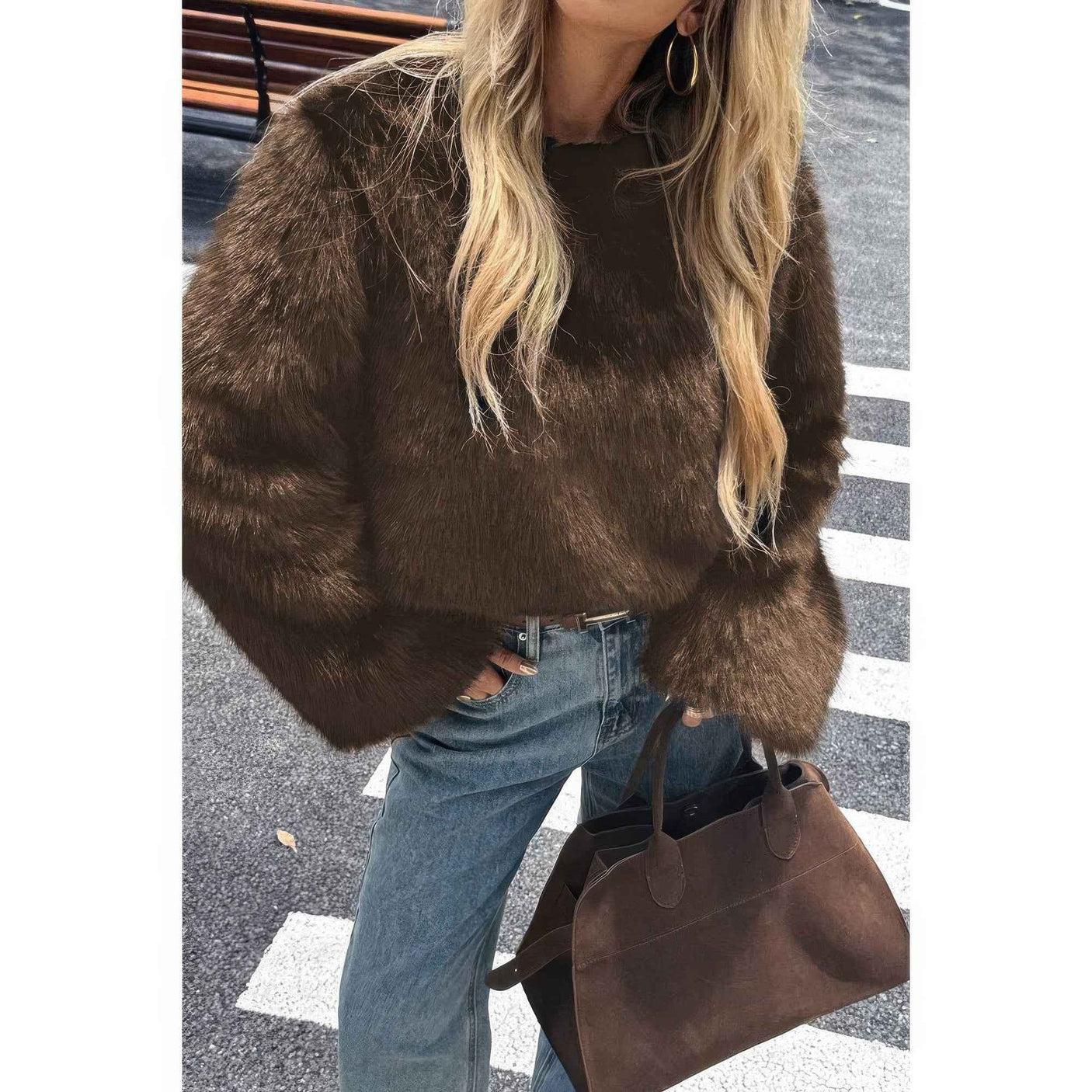 Solid Faux Fur Back Hide Zipper Pullover Coat