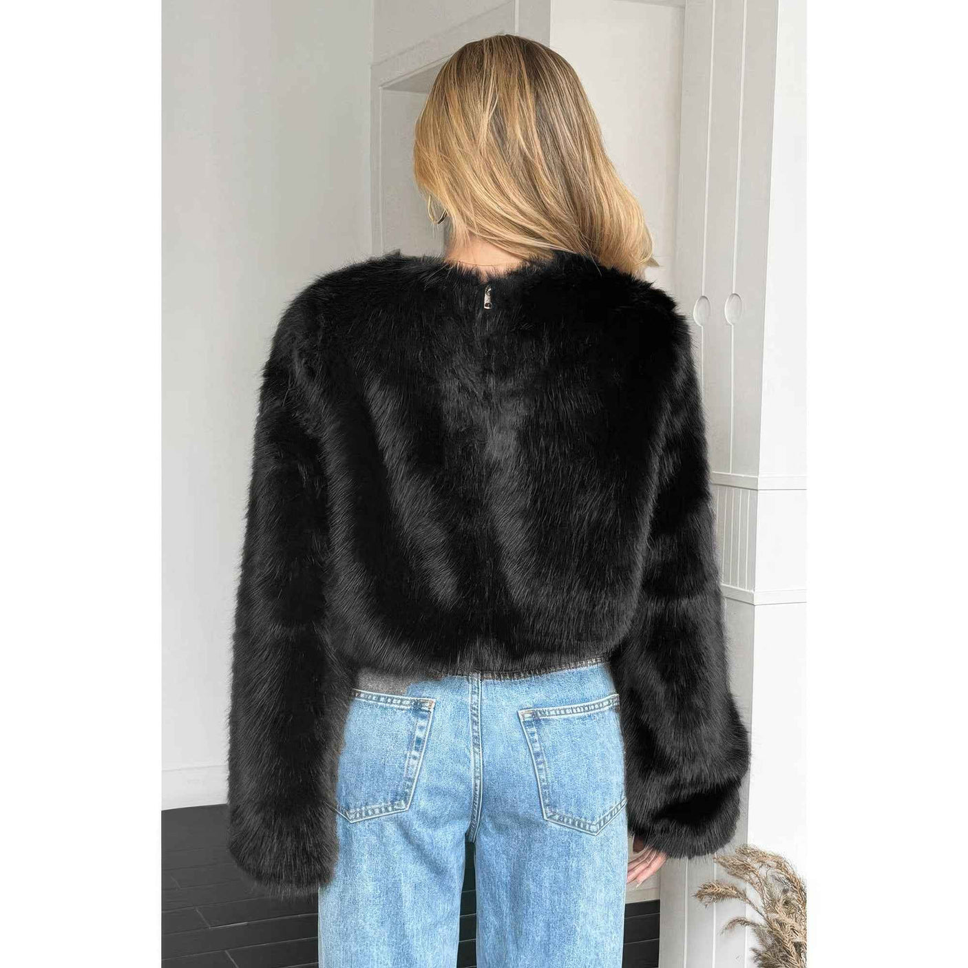 Solid Faux Fur Back Hide Zipper Pullover Coat