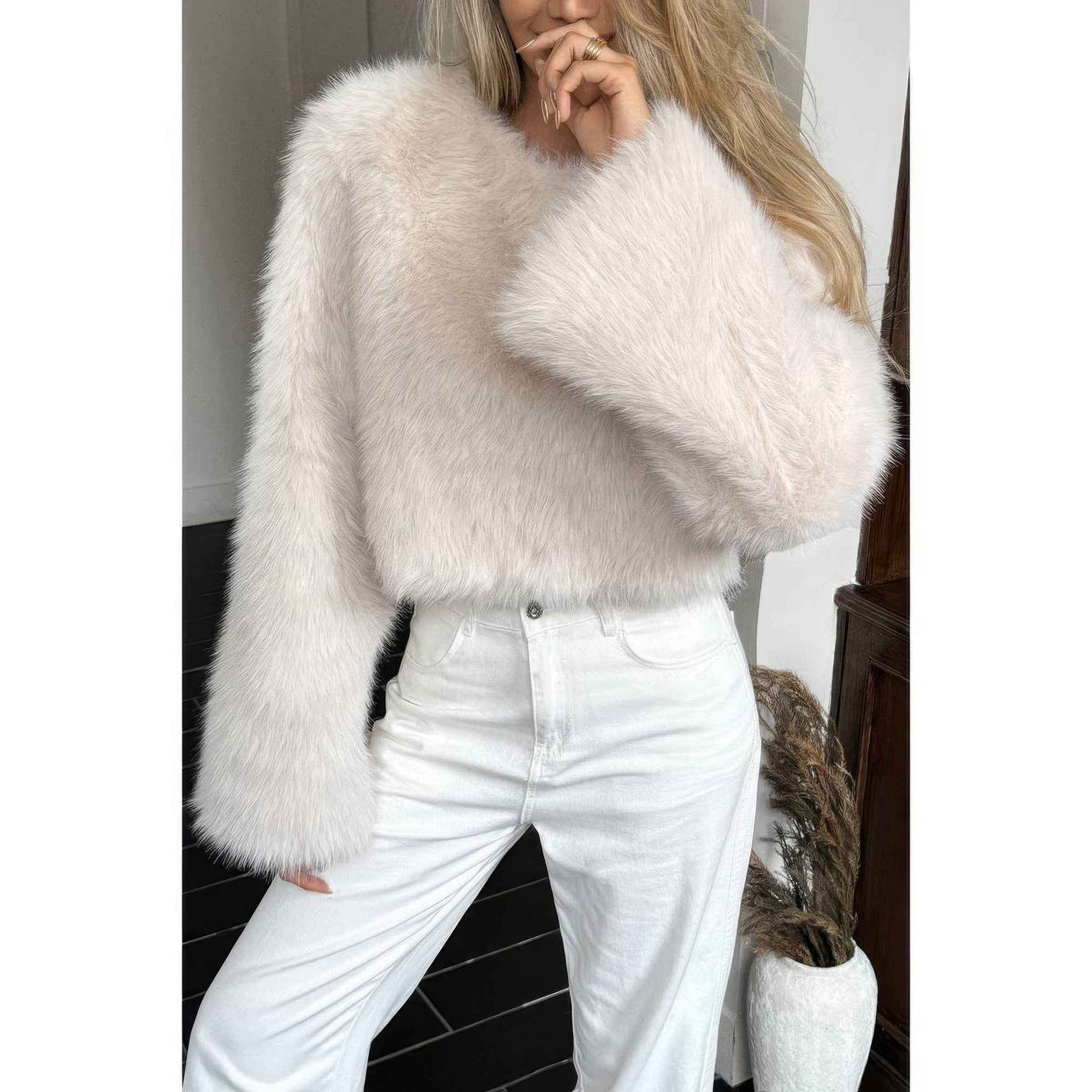 Solid Faux Fur Back Hide Zipper Pullover Coat