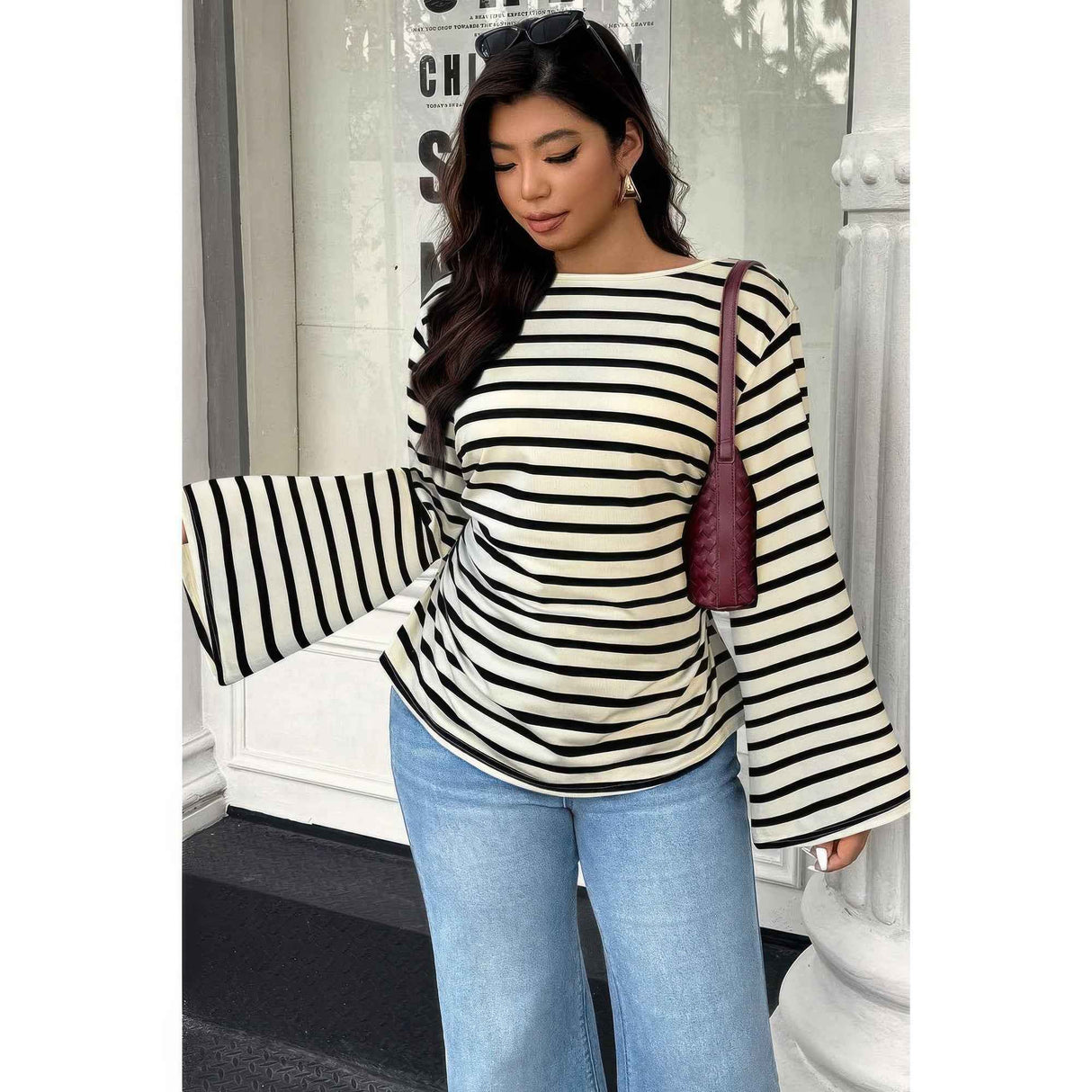 Plus Size Wide Long Sleeves Strip Fit Shirt