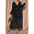Plus Size V Neck Long Sleeve Sheer Glitter Dress