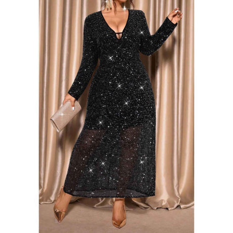 Plus Size V Neck Long Sleeve Sheer Glitter Dress