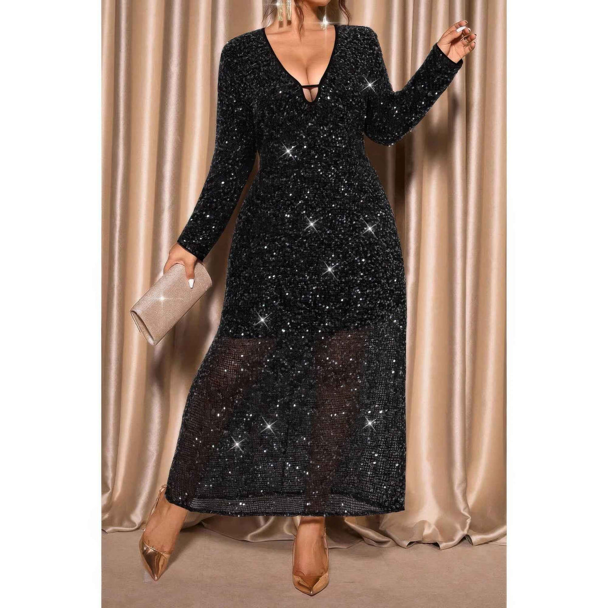 Plus Size V Neck Long Sleeve Sheer Glitter Dress