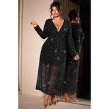 Plus Size V Neck Long Sleeve Sheer Glitter Dress