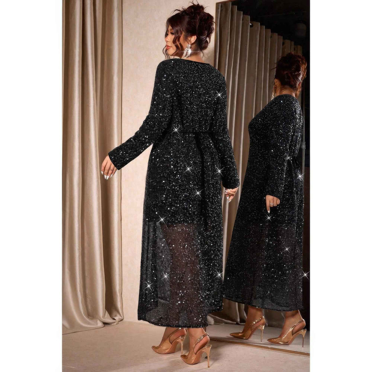 Plus Size V Neck Long Sleeve Sheer Glitter Dress