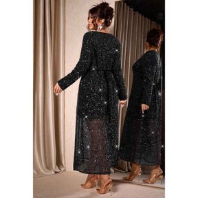 Plus Size V Neck Long Sleeve Sheer Glitter Dress
