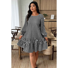 Plus Size Plaid Round Neck Floral Cut Dress