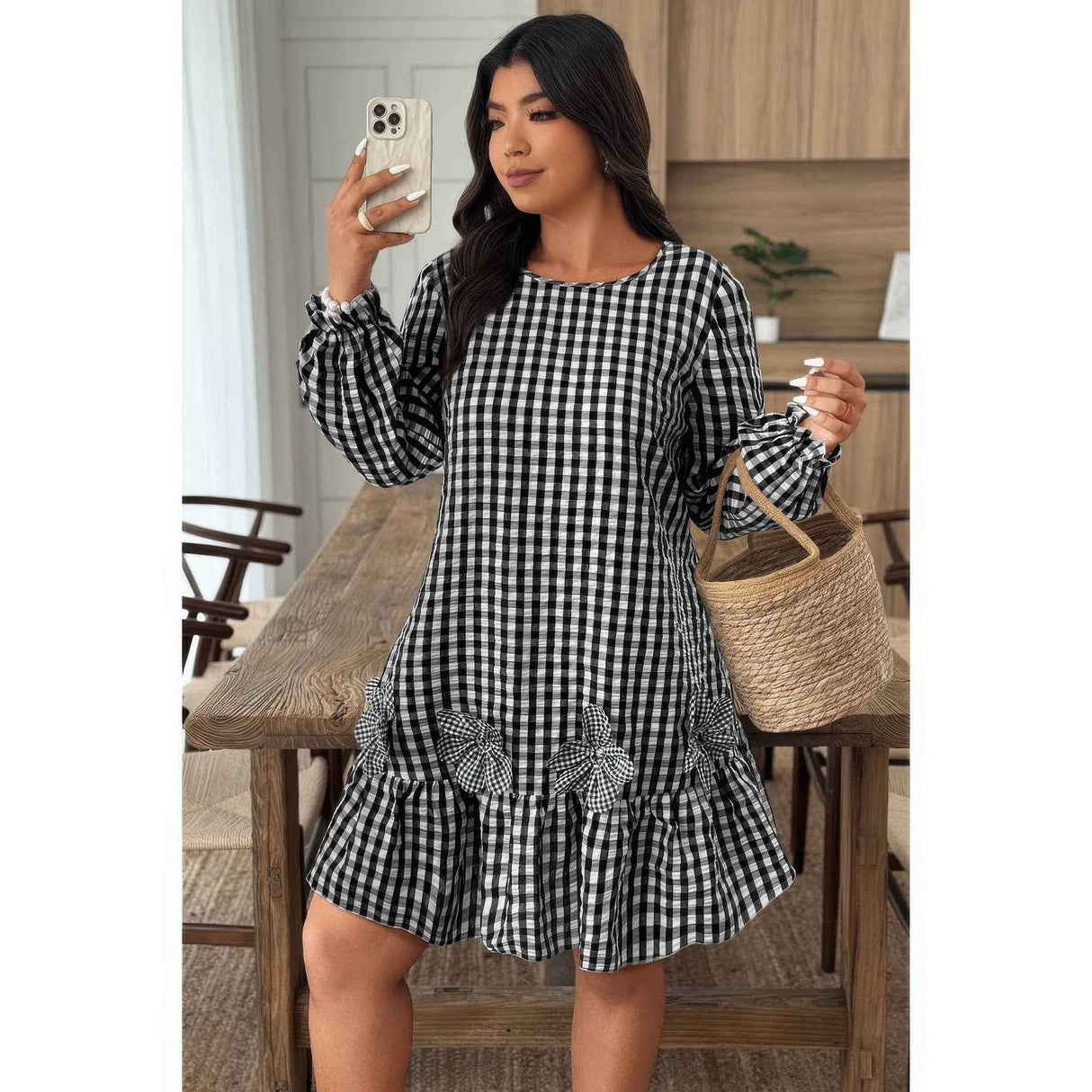 Plus Size Plaid Round Neck Floral Cut Dress