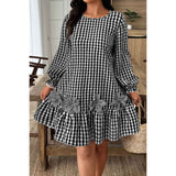 Plus Size Plaid Round Neck Floral Cut Dress