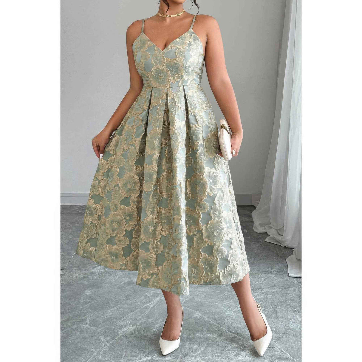 Plus Size Jacquard Elegant Spaghetti Strap Dress