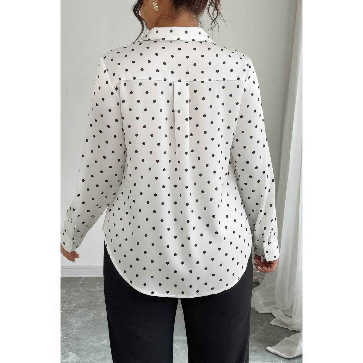 Plus Size Polka Dot Button Up Long Sleeve Shirt
