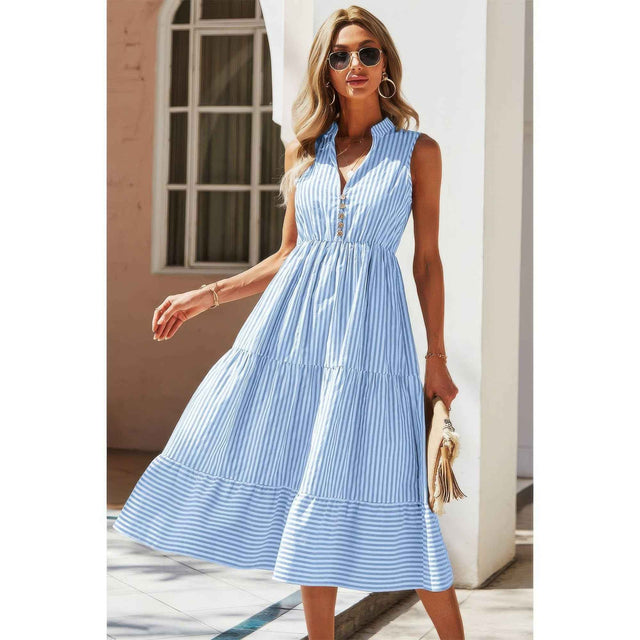 Strip Sleeveless V Neck A Line Color Block Dress