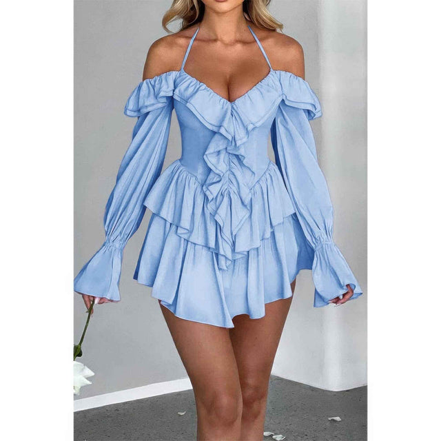 Off Shoulder Corset Ruffle Halter Mini Dress