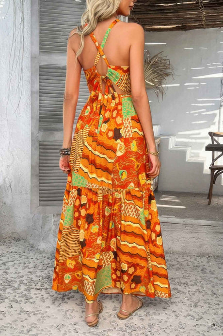 Allover Print Sleeveless Cross Back Cut Out Dress