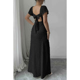 Swiss Dot Lace V Neck A Line Knot Back Dress