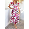 Puff Sleeves V Neck Floral Printed Midi Dress