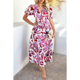 Puff Sleeves V Neck Floral Printed Midi Dress