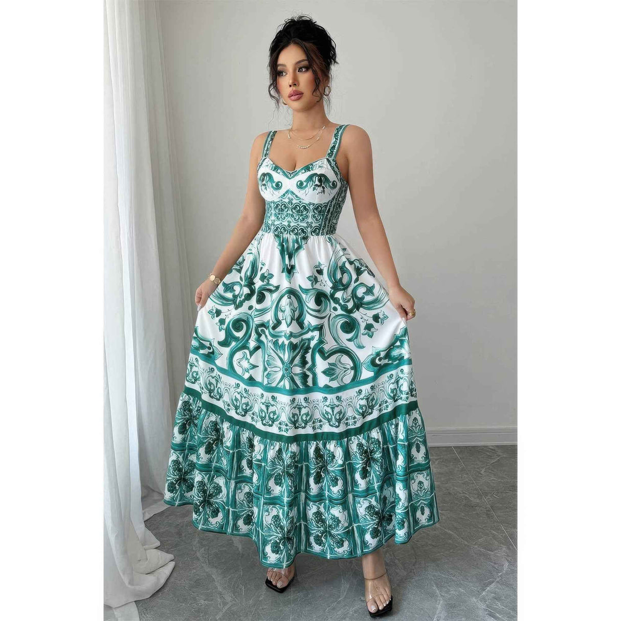 Sleeveless A Line Suspender Printed Long Dress