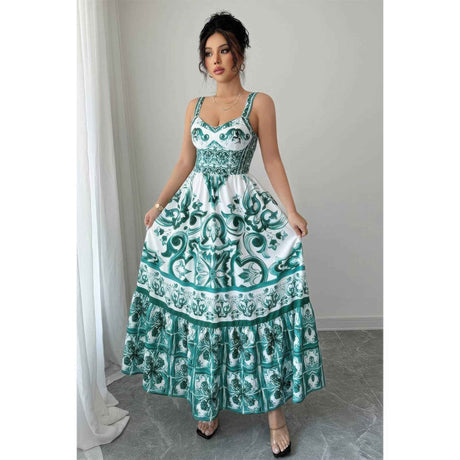 Sleeveless A Line Suspender Printed Long Dress